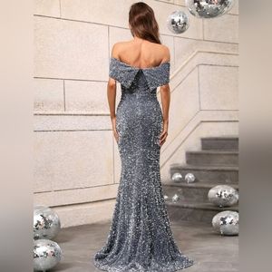 Luxury Silver Gray Off Shoulder Mermaid Evening Dress LA73018 main image 1